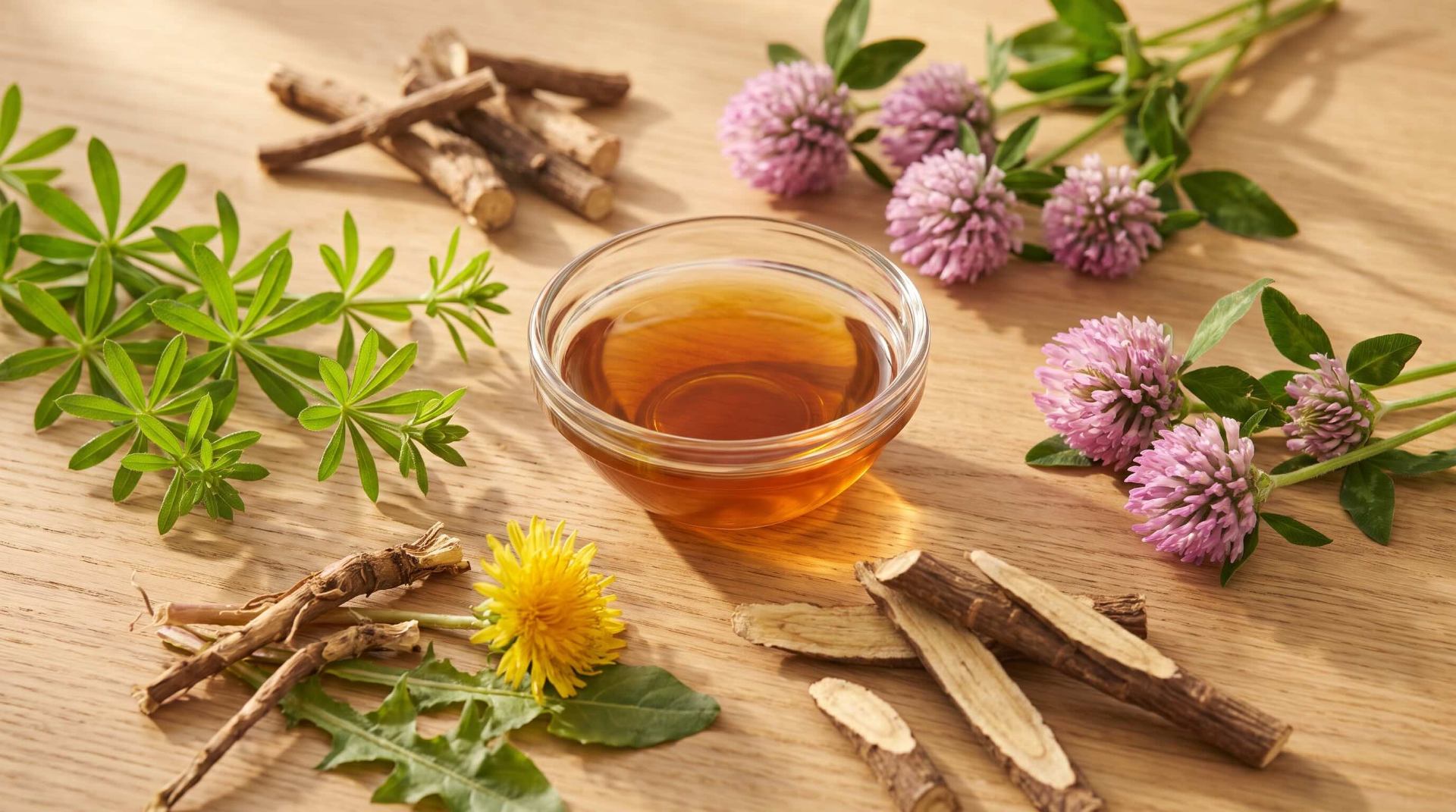 Ingredientes herbales: amor de hortelano, trébol rojo, diente de león y bardana