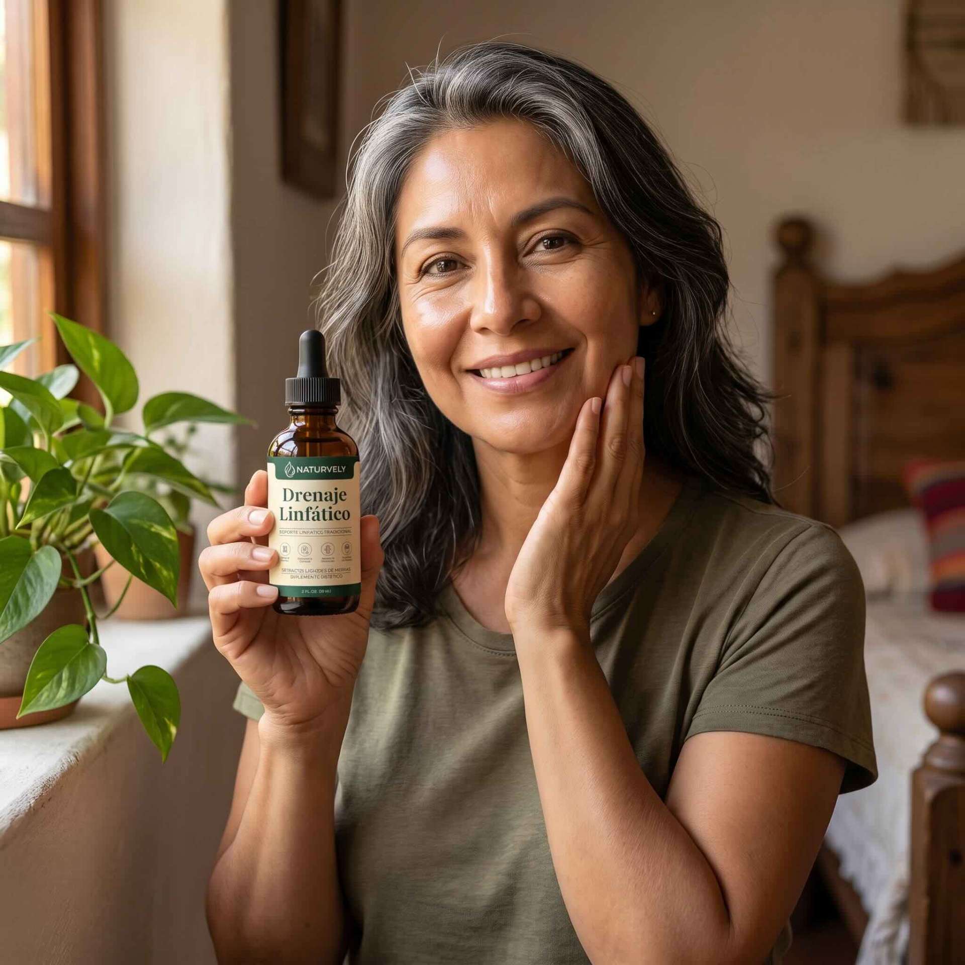 Mujer sonriente sosteniendo Naturvely Drenaje Linfático